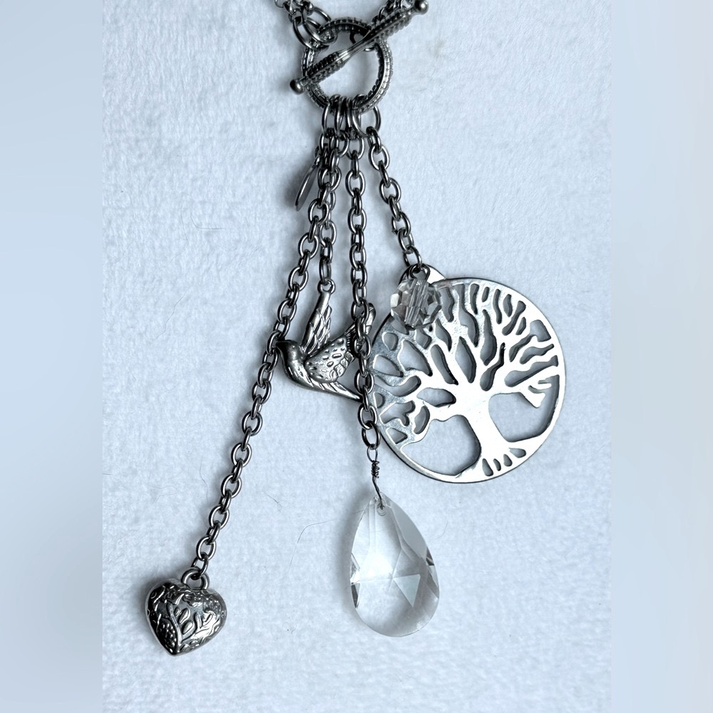 🌳 Cookie Lee Silver Charm Necklace w/Heart Dove Crystal Accents & Tree of Life - Picture 3 of 11